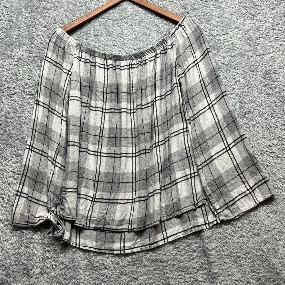 Cloth Stone Top Womens‎ Medium Gray Plaid Off Shoulder Flannel Anthropologie USA